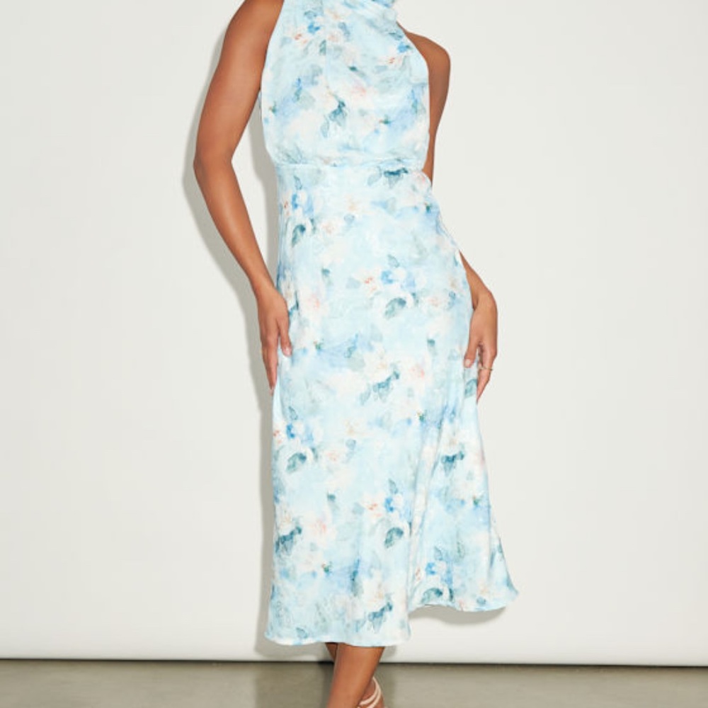 Lulus Distinctive Charm Blue Floral Satin Asymmetrical Midi Dress - Size M